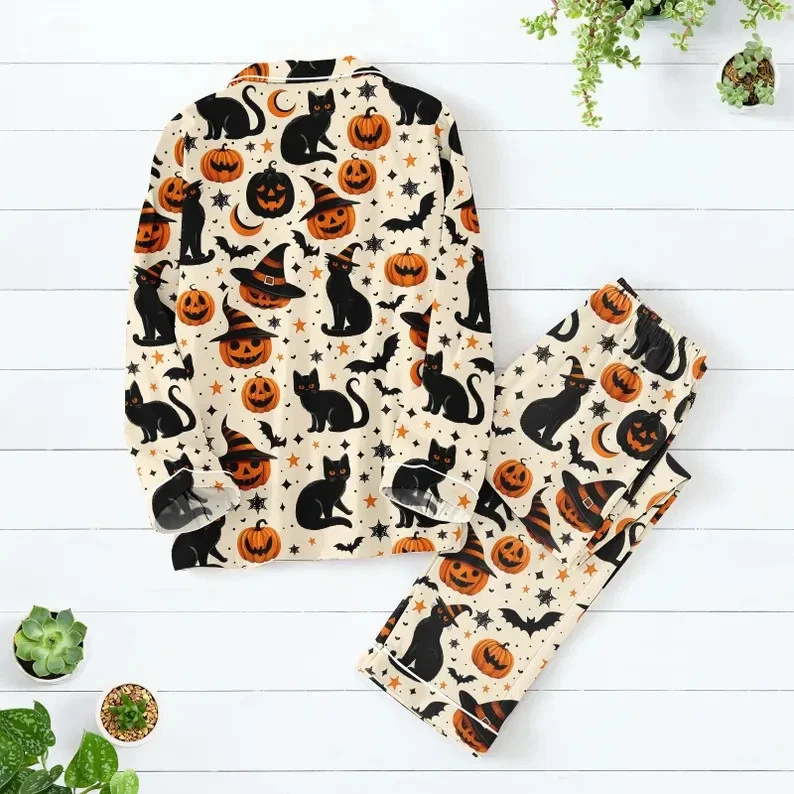 Conjunto de pijama unissex Halloween gato abóbora manga longa botão top e calça P-5XL - Imagem 3 de 4