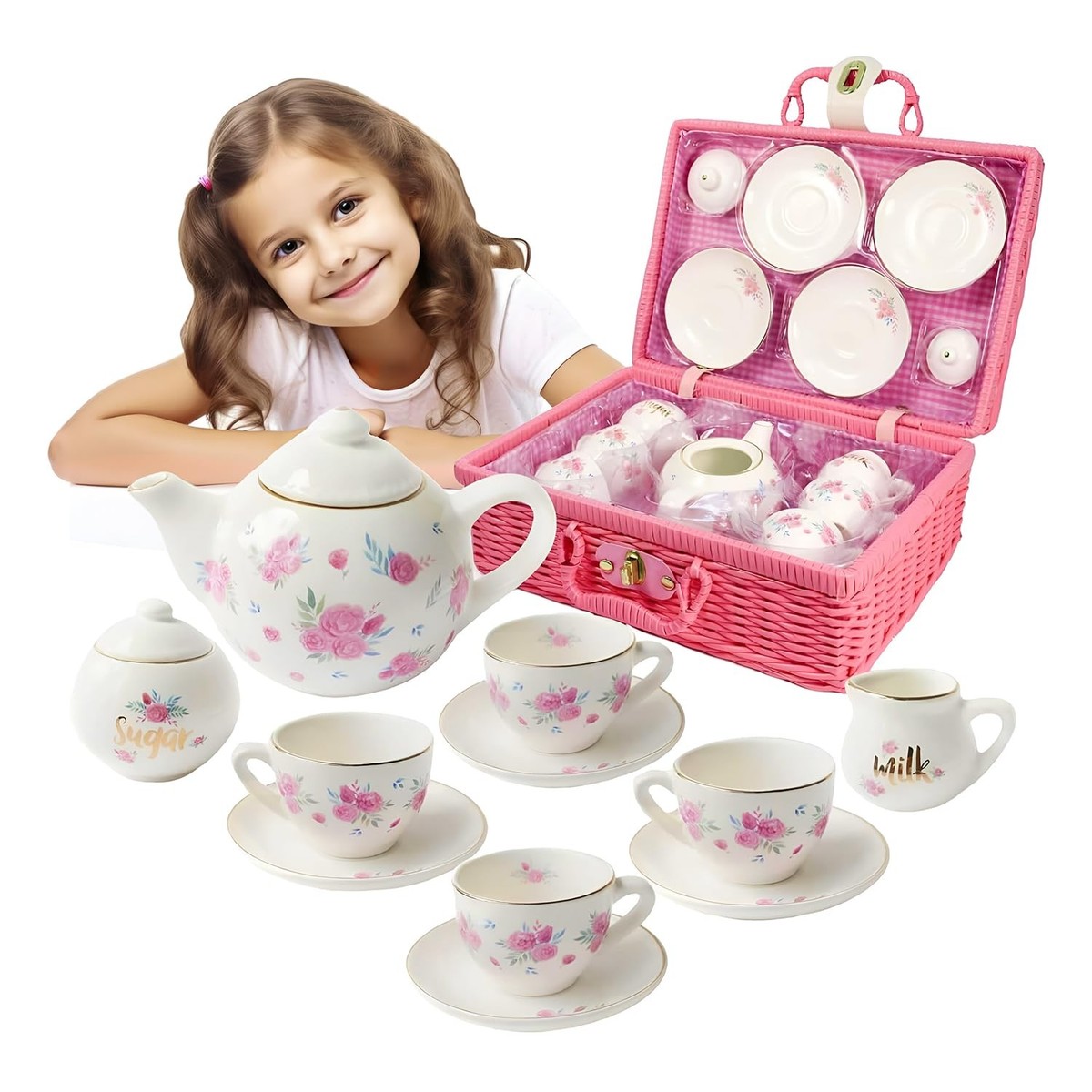 PORCELAIN TEA SET for Girls Pink Ceramic Glass Toy Kids Party 13