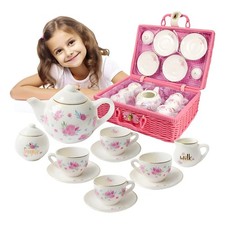 PORCELAIN TEA SET for Girls Pink Ceramic Glass Toy Kids Party 13 Pcs JEWELKEEPER
