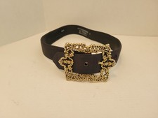 Accessories by Pearl Black Statement Belt Womens Size S Large Gold Buckle