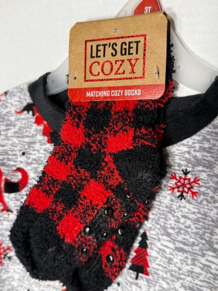 Let's Get Cozy 3T Gris Rojo Dino Dinosaurio Pijama Conjunto Calcetines Cuadros Búfalo Nuevo con Etiquetas Foto 3 de 3