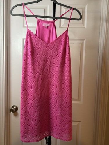 Lilly Pulitzer Pink Crochet Cotton V-Neck Sleeveless Shift Dress Knee M
