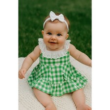 Janie And Jack SZ SZ 6-12 Months Green White Gingham Eyelet Ruffle Ponte Dress