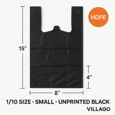 1/10 Small Black T-Shirt Bags 8 ×4 ×15  HDPE Unprinted Grocery / Retail Bulk