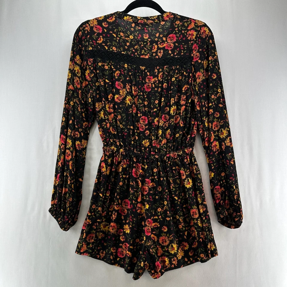 Mameluco Oliveaceous Talla S Campesino Boho Floral Manga Larga Crepé Negro Naranja Foto 2 de 4