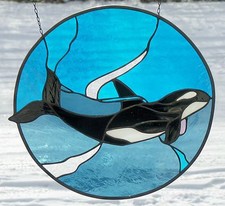 Bleiverglasung Fensterbild "Orca mit Luftblasenschleier"  in Tiffany   