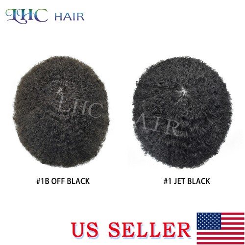 Afro Toupee For Black Men Kinky Curly All PU Human Hair Replacement System Wigs - Picture 6 of 24