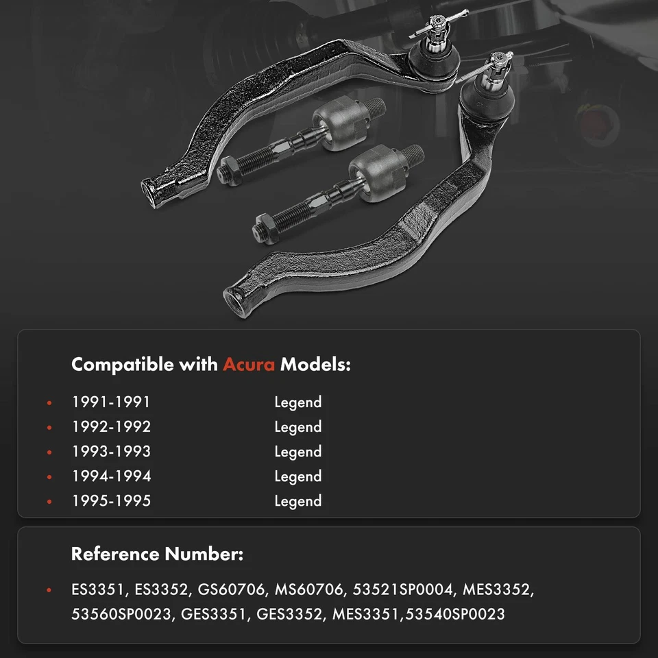 4Pcs Front Inner & Outer Side Tie Rod End for Acura Legend 1991-1995 53521SP0004 - Image 2 of 4