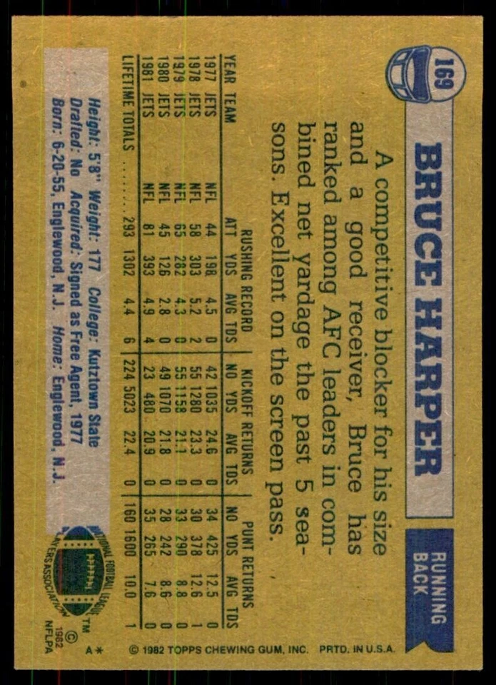 1982 Topps: Bruce Harper New York Jets #169* - Image 2 of 2
