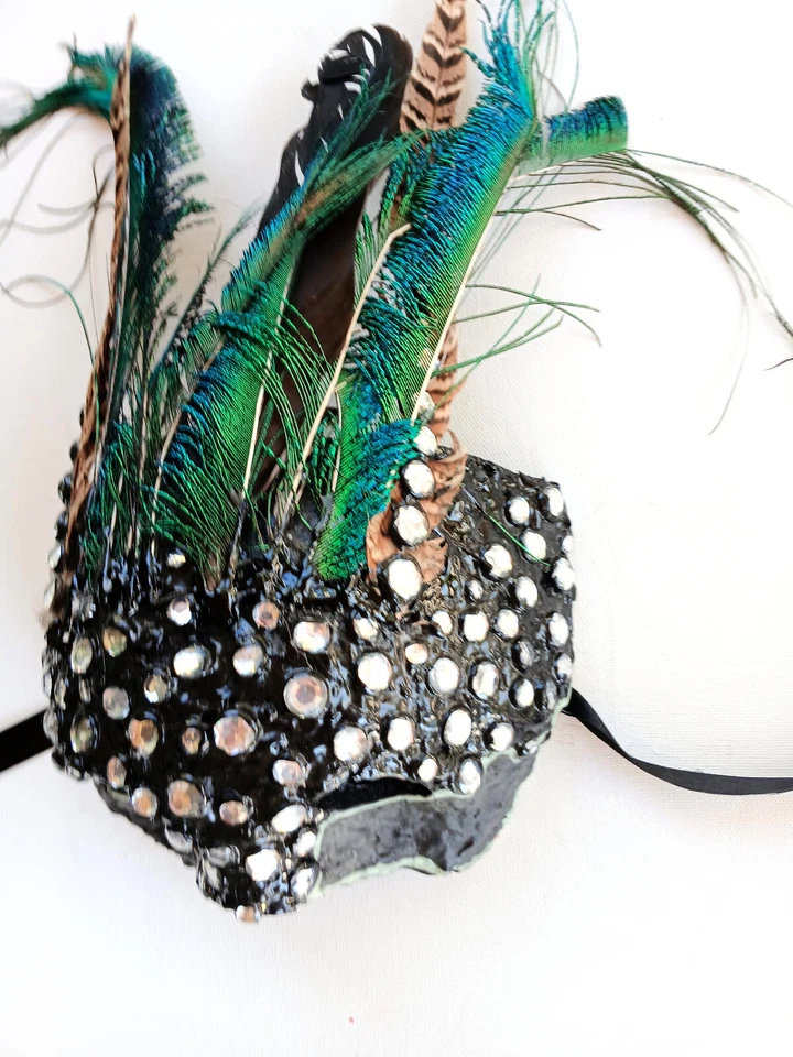 Black Sequin Peacock Feather Mask Handmade One Of A Kind - Image 3 of 4