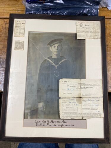 WW1 HMS MARLBOROUGH SAILOR PHOTO FRAMED WITH PAPERS LANCELOT HUTTON ABS - Foto 1 di 9