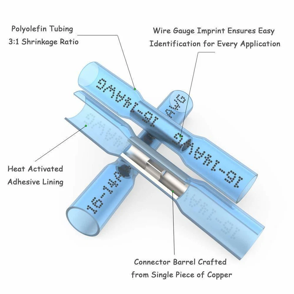 1000Pcs Heat Shrink Waterproof Wire Connectors Blue 14-16AWG Butt Seal Terminals - Image 2 of 4
