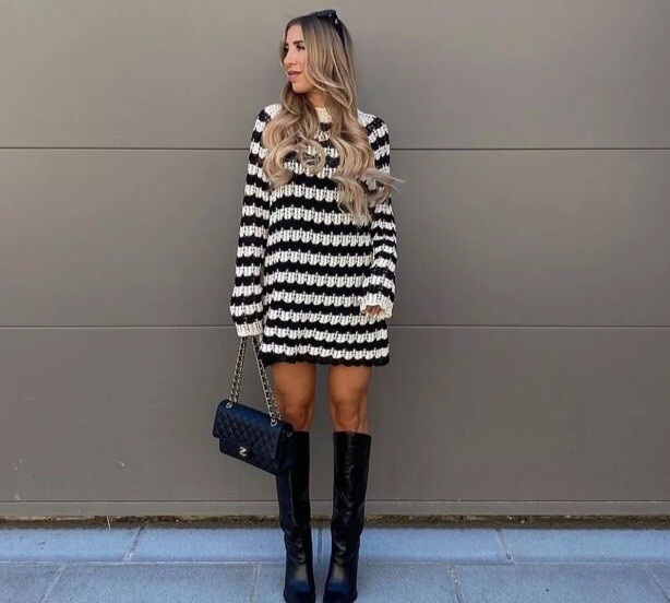 ZARA BLOGGERS BLACK & WHITE STRIPE CROCHET KNIT JUMPER DRESS SIZE 810
