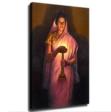 Lady Holding A Lamp By Raja Ravi Varma Poster Canvas Painting Print Modern