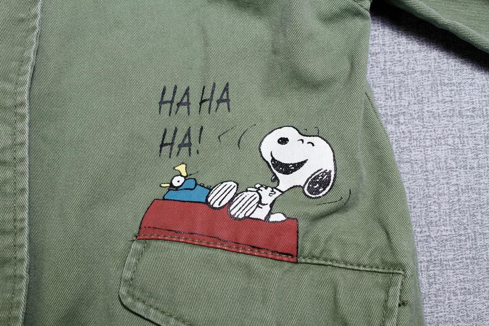 Zara Girls RARE Peanuts Snoopy & Woodstock Green Military Denim Jacket Youth 8 - Image 3 of 4