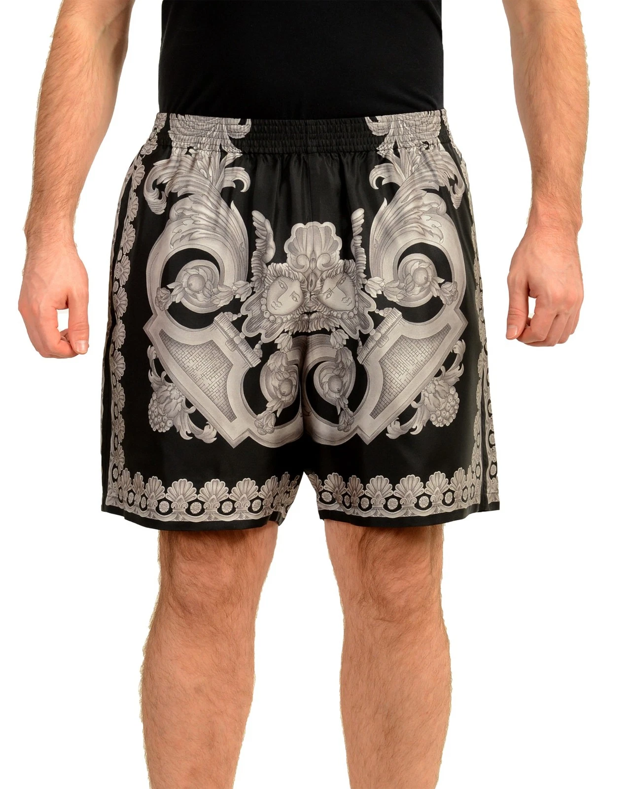 Versace — Versace Men's Heritage Print Black & Gray 100% Silk Shorts US 32 IT 48
