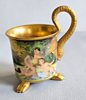 Antique Beehive Royal Vienna Austria Footed Cup HP Cherubs Snake Handle Gold #3