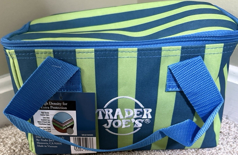 Trader Joe's Insulated Lunch Bag, Blue/Green Striped, Handle, 1.5 Gal