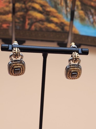 Vtg LIZ CLAIBORNE Gold Silver & Brass Tone Square Dangle Earrings FREE $HIPPING!