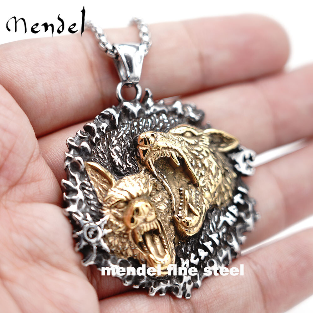 MENDEL Mens Gold Plated Viking Odin Wolf Geri Freki Pendant Necklace For  Men