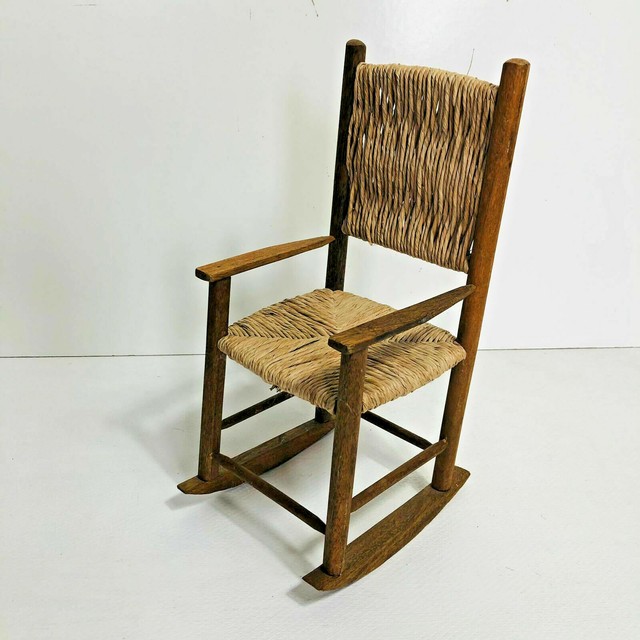 Vintage Doll Rocker Chair Wood Rattan Woven Wicker Rocker Toy Display