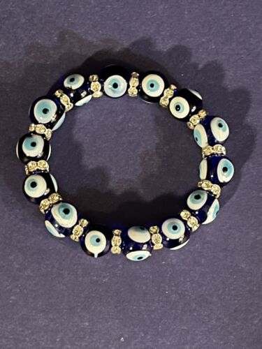 Evil Eye Bracelet Glass Bead Stretch Blue White L… - image 1