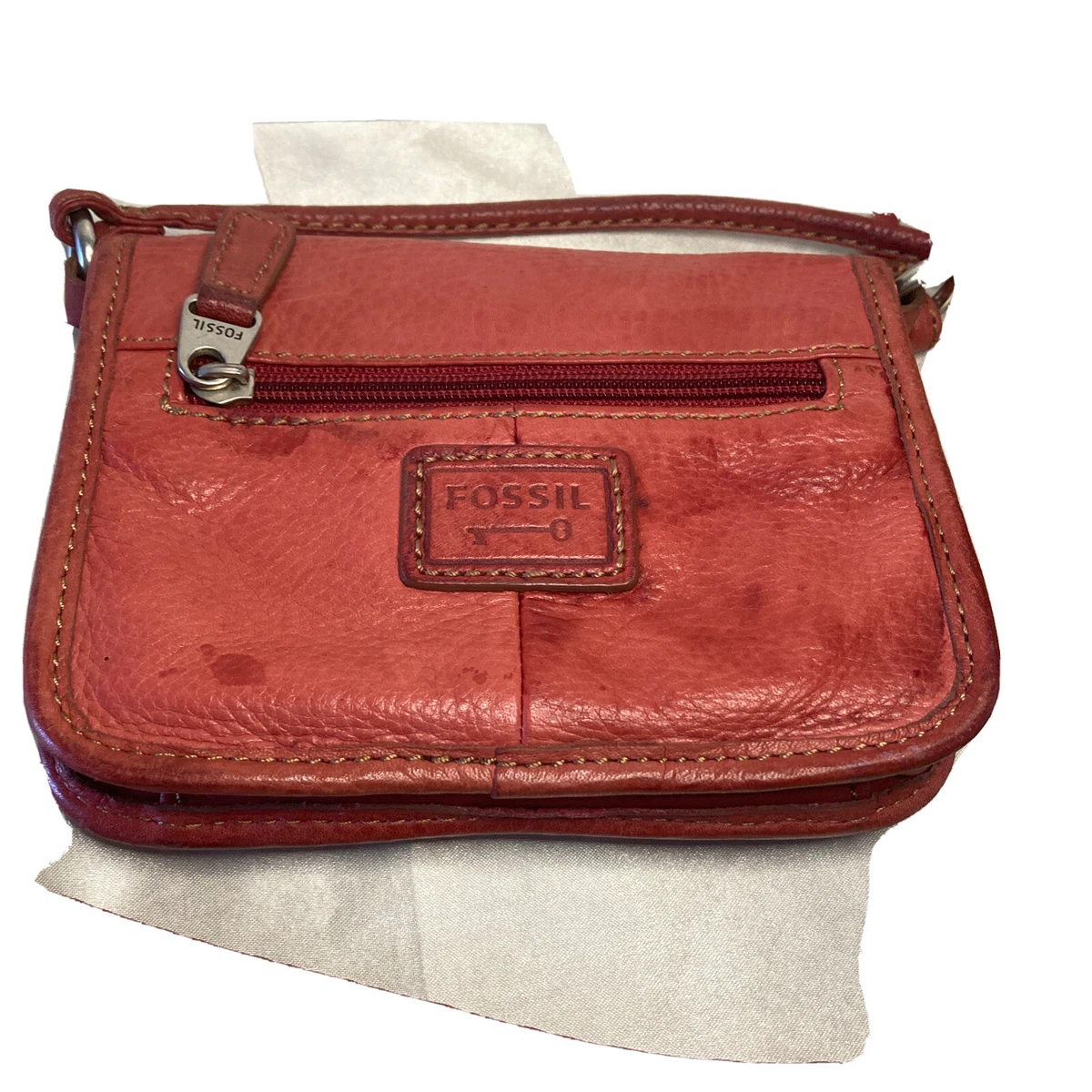 Fossil Pink Peach Genuine Leather Shoulder Bag Small Purse Pre owned 6 1 2 X 5