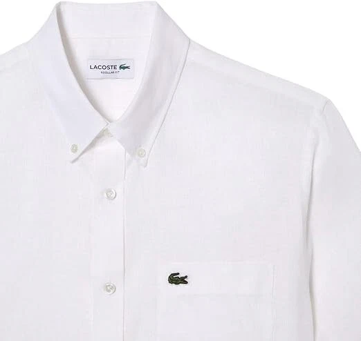 Camisa informal con botones de lino calce regular manga corta Lacoste para hombre, blanca Foto 2 de 4