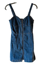 H&M Women's Overall Denim Dress Size 6 Strap Mini Blue Full Zip Cotton Stretch
