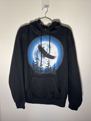 Pacific & Co Medium Men's Black Graphic Kangaroo Pouch Hoodie Eagle and Moon