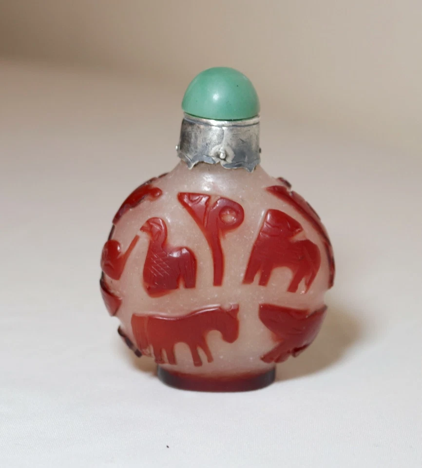 Antiguo frasco de botella de baratija de tabaco de plata esterlina jade vidrio peking chino del siglo XIX Foto 2 de 4