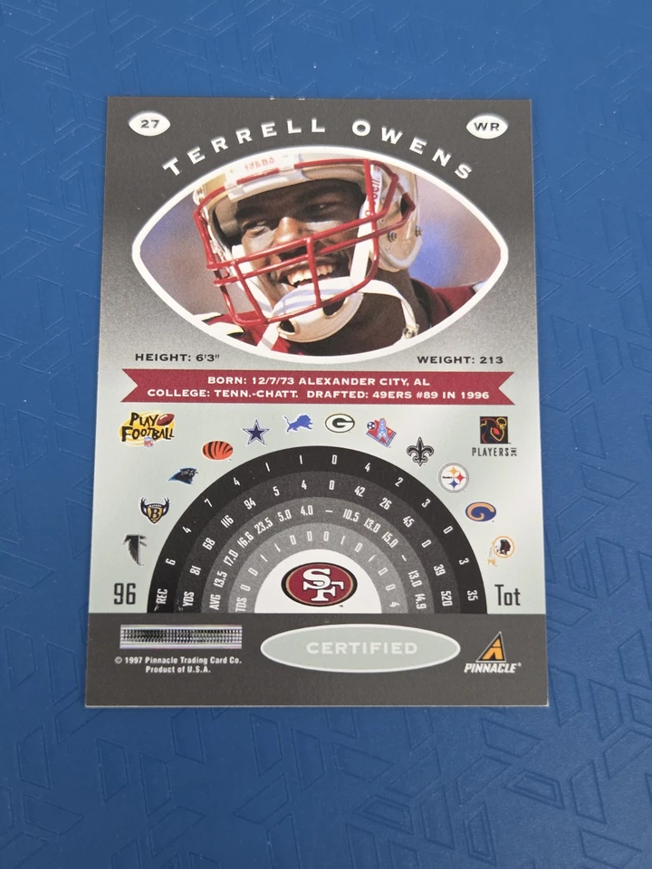 1997 Pinnacle Certified #27 Terrell Owens Football Card Buy 10+ 50% Off 4H - Image 2 of 2
