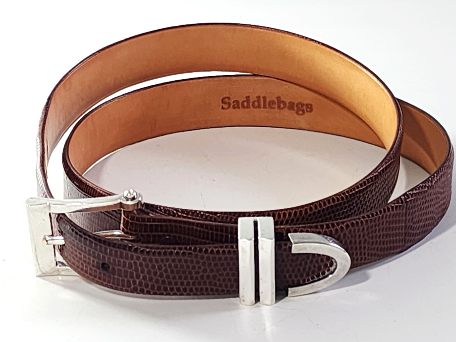 Vogt 925 Silver Buckle & Authentic Java Lizard Leather Belt by Saddlebags Sz 42