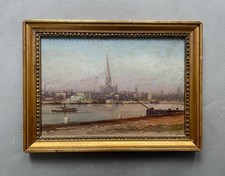 Ville portuaire, huile sur panneau, tableau ancien signé, peinture