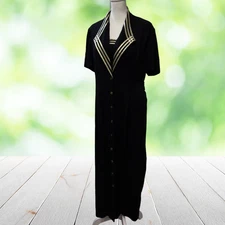 Vintage SL FASHIONS Sailor Dress Fits 10 Tag 16 Blue Gold Trim Midi Nautical 90s