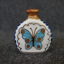 Hand Painted Tonala Mexican Pottery Miniature Vase Butterfly Blue Brown 2-1/2"