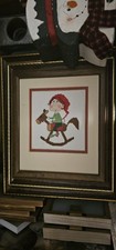 Needlepoint Framed Christmas Elf On Rocking Horse