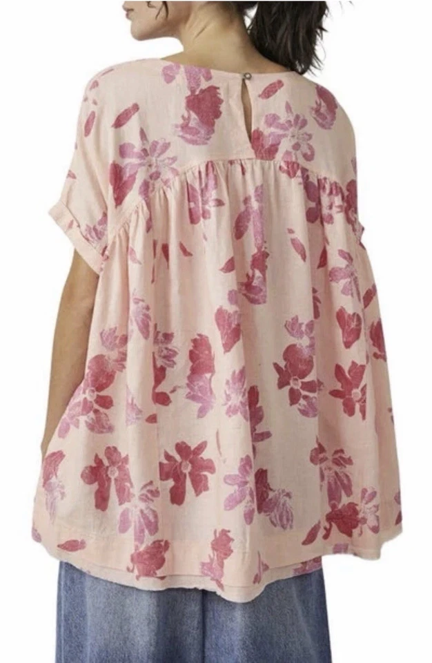 Top de lino floral We The Free Moon City rosa melocotón con volantes dobladillo boho S de gran tamaño Foto 3 de 4