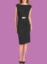 $139 Halston Women's Round-Neck Belted Sleeveless Sheath Dress Size: 8 - Black