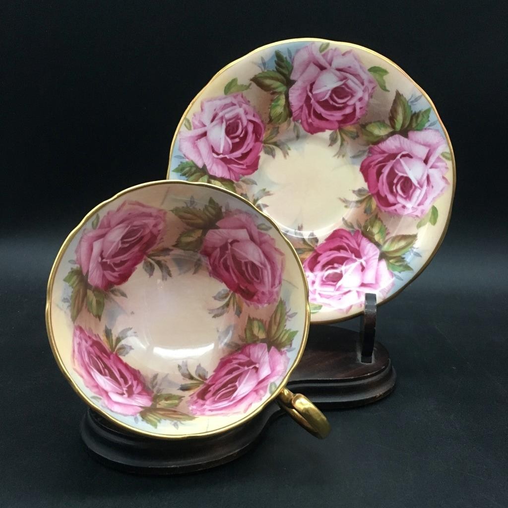 AYNSLEY PINK CABBAGE ROSE DESIGN TEA CUP & SAUCER SET (9 ROSES) CS351
