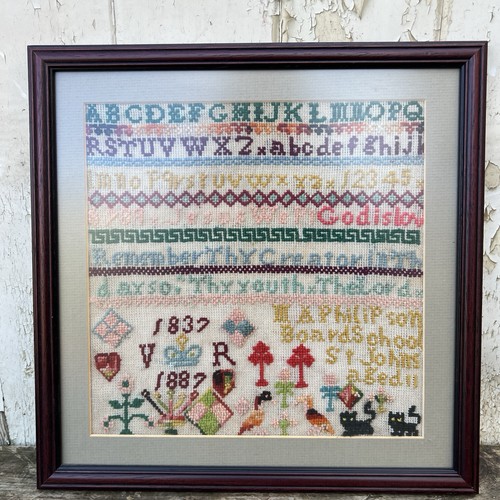 Antique 19th Century Needlework Sampler 1837 Framed Alphabet Sampler