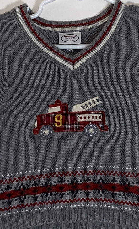 Talbots Bebé Niño Talla 6M Suéter Chaleco Gris Cuello en V Cuadros Camión de Bomberos #9 100% Algodón Foto 4 de 4