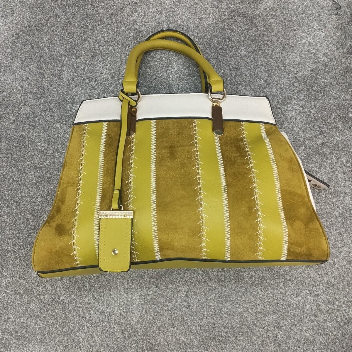 TU KHAKI SUEDE FAUX LEATHER HANDBAG STRIPE SHOULDER BAG BIG