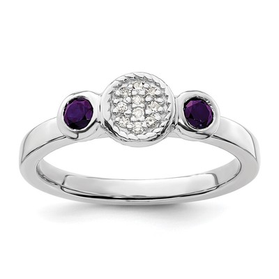 Sterling Silver Stackable Expressions Round Amethyst & Diamond Ring Size 9