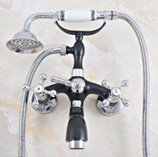 Silver Black Brass Wall Mount Clawfoot Bath Tub Faucet W/ Hand Shower Mixer Tap