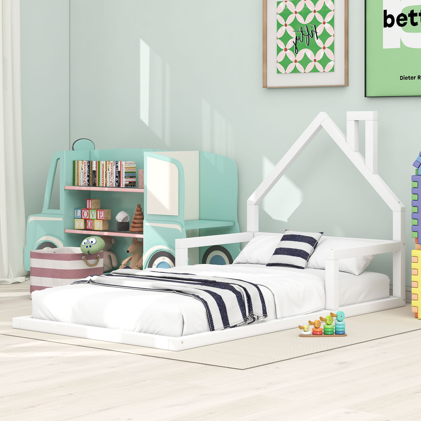 Twin Wood Floor Bed with House-Shaped White Headboard