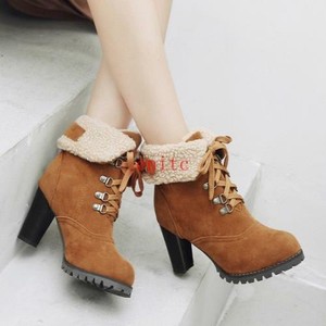 Invierno Botas al tobillo para mujer caliente peludos Grueso Tacones Altos  Con Cordones Zapatos Informales 2020 | eBay
