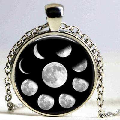 LUNAR MOON PHASES ART 1'' Large Round Pendant Charm Silver 20'' Necklace Women Men