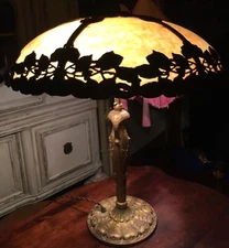 Antique Royal Art Glass Co / B&H Art Nouveau 6 Panel Slag Glass Table Lamp