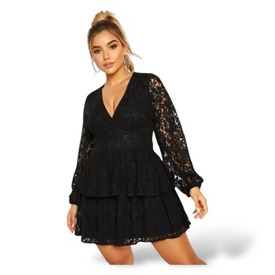 Boohoo Plus Lace Plunge Ruffle Skater Dress Black Size 16 New NWT